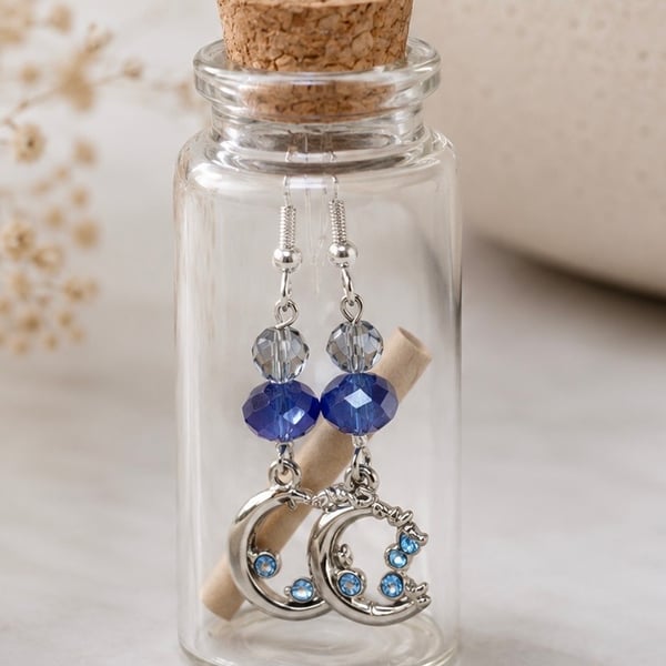 Blue Moon Crystal Earrings in a  Message Bottle 