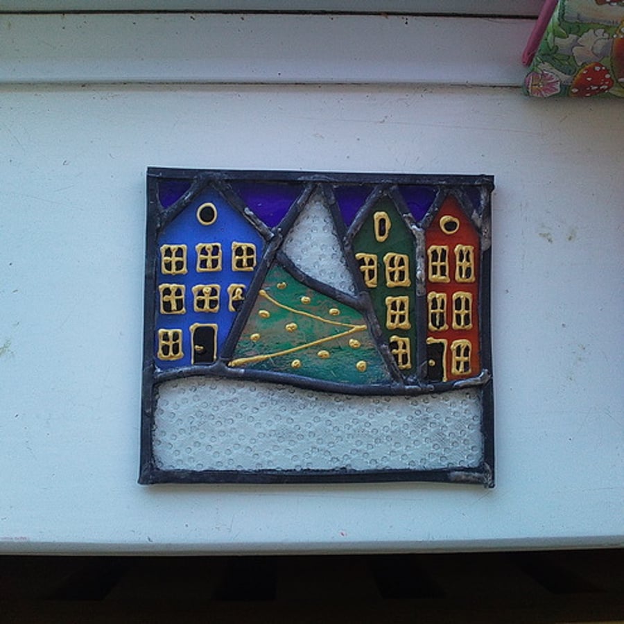 Reserved for Jill, Teeny Tiny Snowy Winter Village, Stained Glass Panel