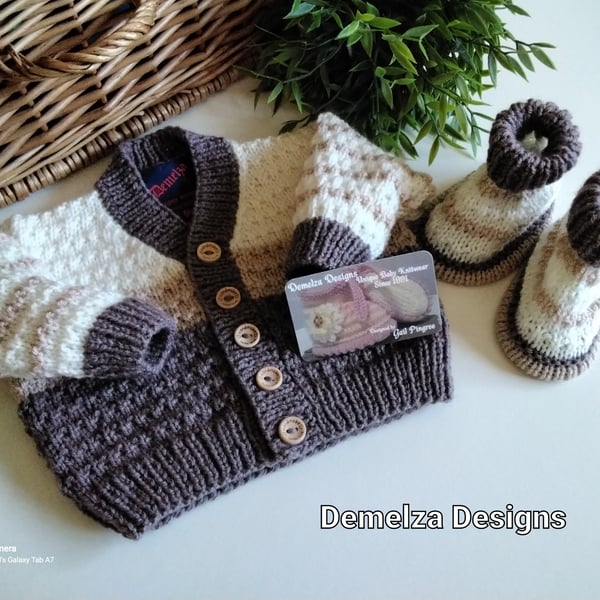Baby Cardigan & Booties  Set with Merino Wool 0-6 months size