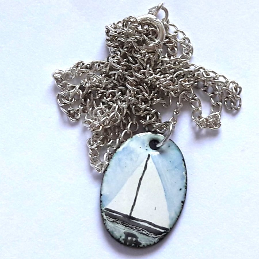 small painted enamel pendant - white sails, blue sky