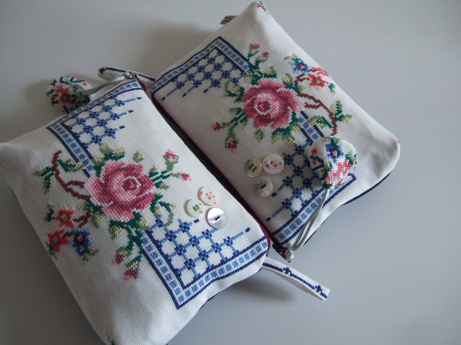 Vintage embroidery purse or toiletries bag with rose design