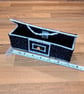 Pencil case with lid and gold button closure - black and grey with white edging - Image 3