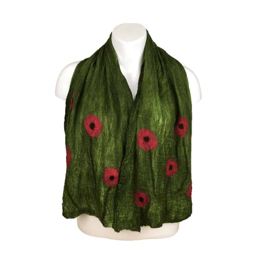 Green nuno felted scarf with poppies, merino wool on silk, gift boxed