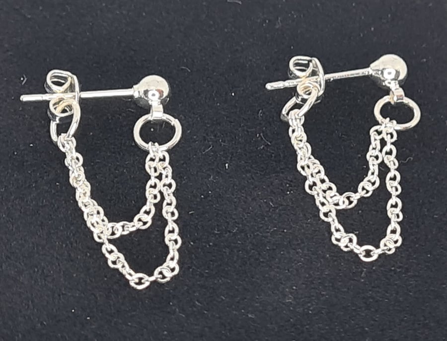 Handmade Sterling Silver Chain Dangle Stud Earrings