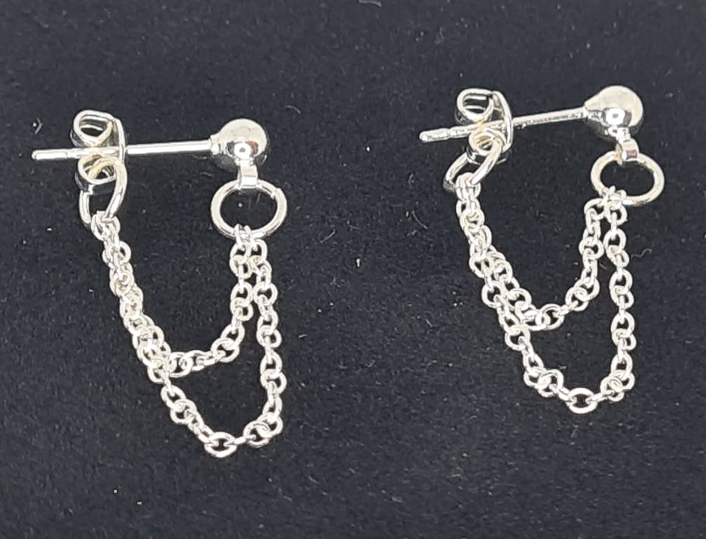 Handmade Sterling Silver Chain Dangle Stud Earrings