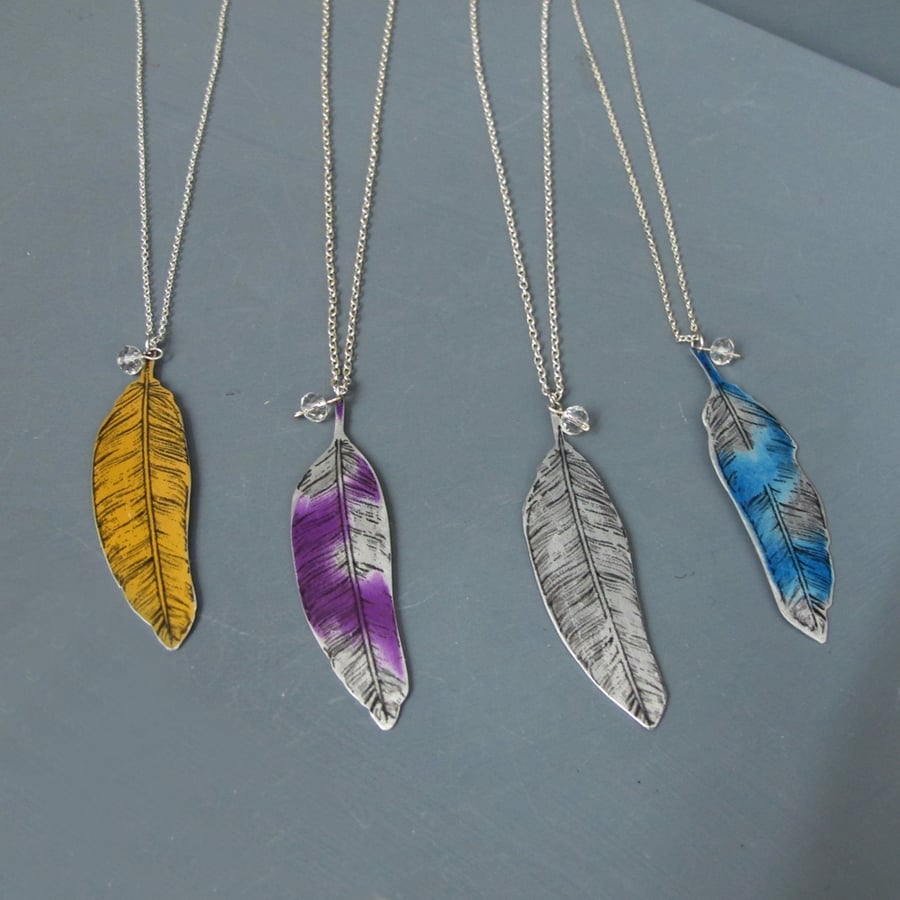 Aluminium Gold, Silver or Purple Feather Pendant