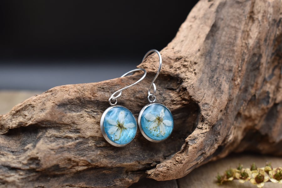 Blackthorn Flower Resin Earrings, Blue, 304 Stainless Steel, Made in Scotland