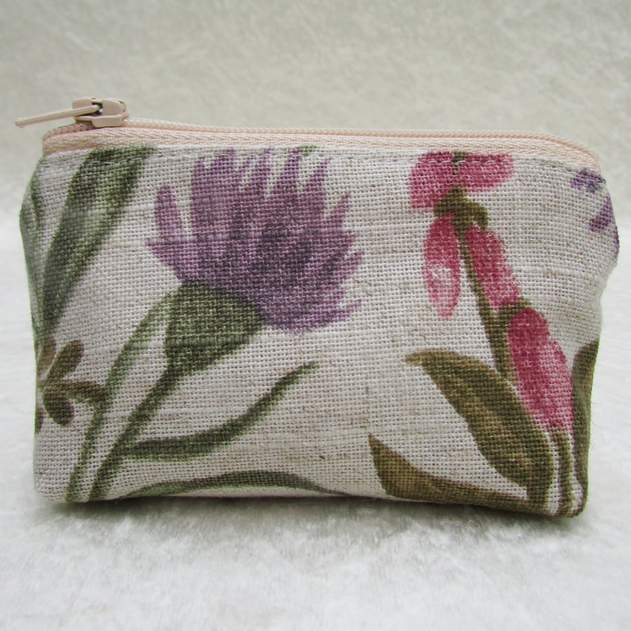 Small purse - Cream with purple thistle and pink foxglove