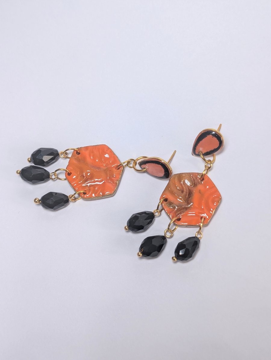 Orange & lime green dangle handmade polymer clay Earrings with crystal beads 