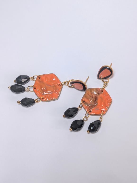 Orange & lime green dangle handmade polymer clay Earrings with crystal beads 