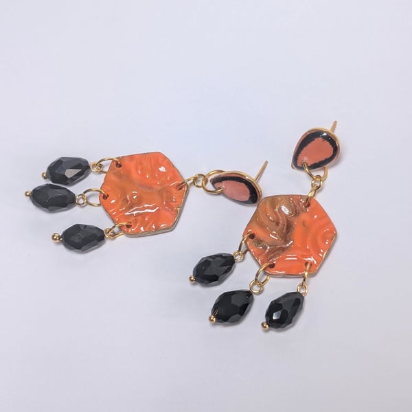 Orange & lime green dangle handmade polymer clay Earrings with crystal beads 