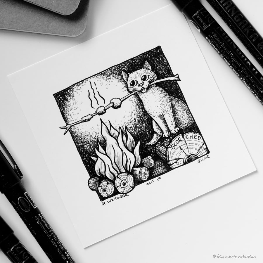 Scorched - Day 19 Inktober 2018 - Mini Cat Ink Drawing