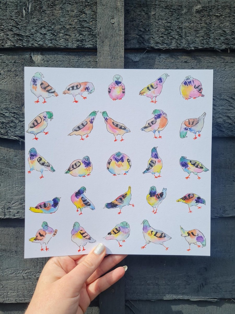 Quirky pigeons art print 