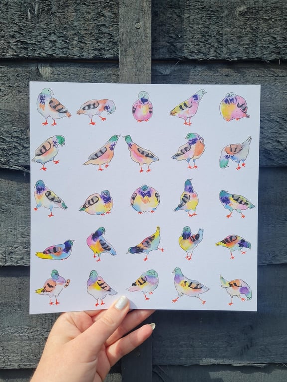 Quirky pigeons art print 