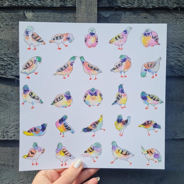 Quirky pigeons art print 