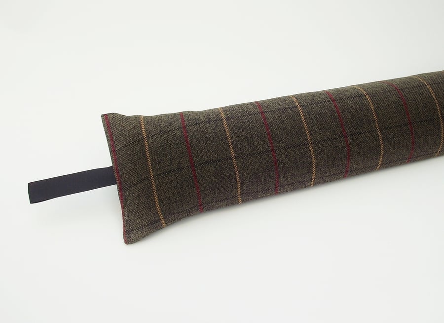 Draught Excluder Dark Brown Red Mustard check fabric heavy weight 1.9kg