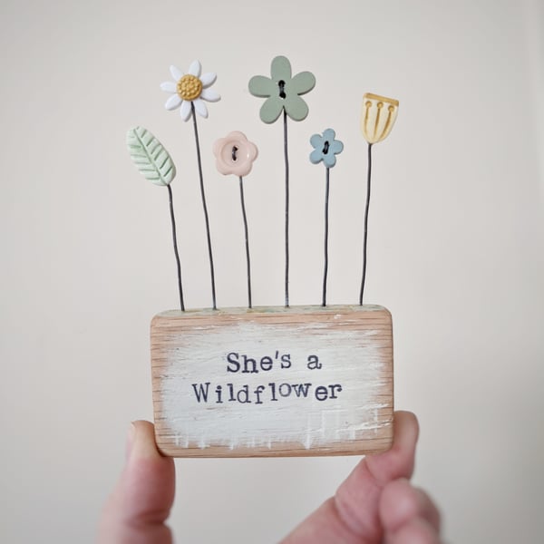 Clay and Button Flower Garden in a Floral Wood Block 'She's a Wildflower'