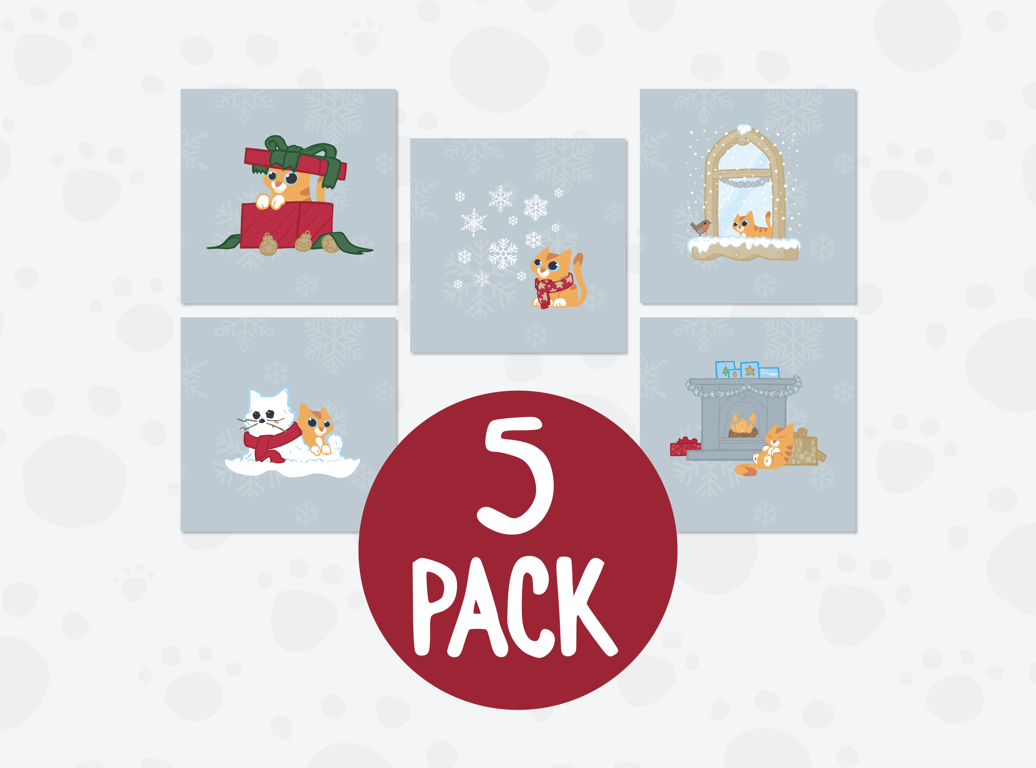 5 Pack Silver Cat Christmas Cards – Festive Kitten Set of 5 Designs