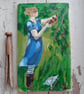 Original painting girl in garden with chicken  - Image 6