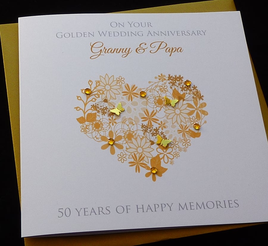 Handmade Personalised Golden 50th Wedding Anniversary Card