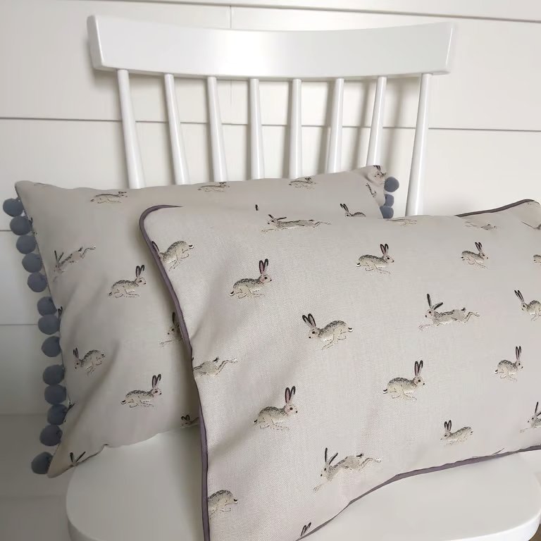 Sophie Allport Hares  Cushion with Dark Grey Piping