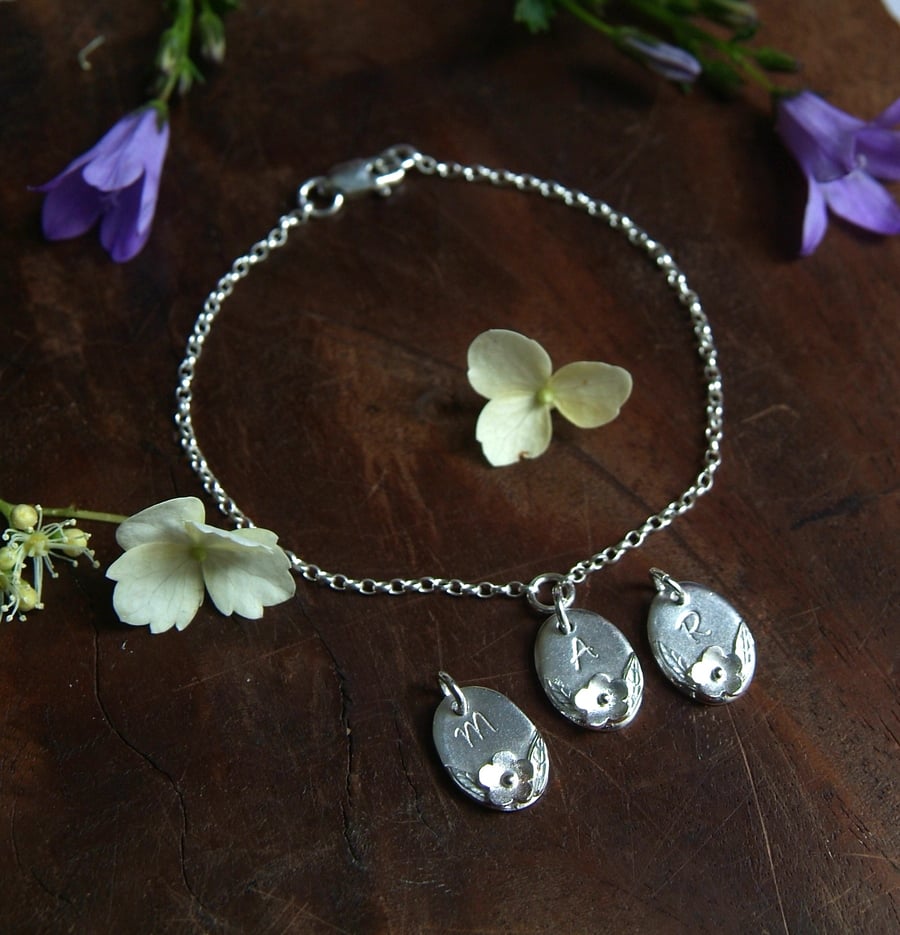 Personalised Flower Bracelet - Letter Charm Bracelet - Sterling Silver Jewellery