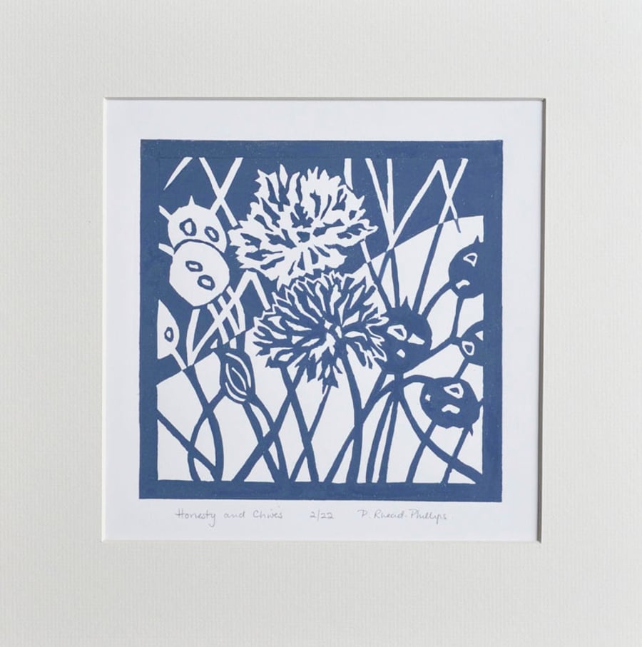 Honesty and Chives - Original Handmade - Limited Edition - Signed -Lino Print.