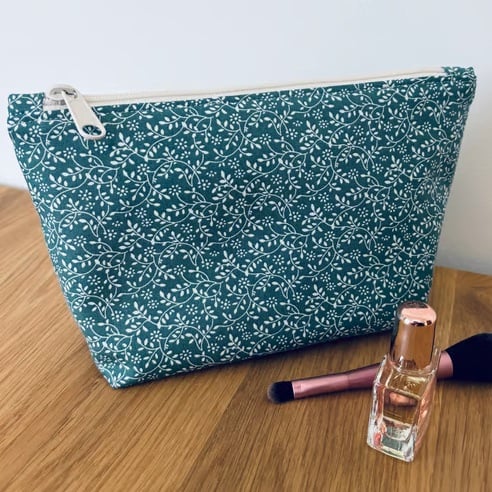 Make up bag, small toiletry bag, water resistant lining, in green floral design