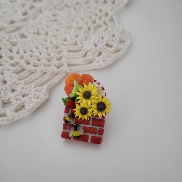Handmade Yellow Sunflower Polymer Clay Brooch - Bee Happy Garden Brooch