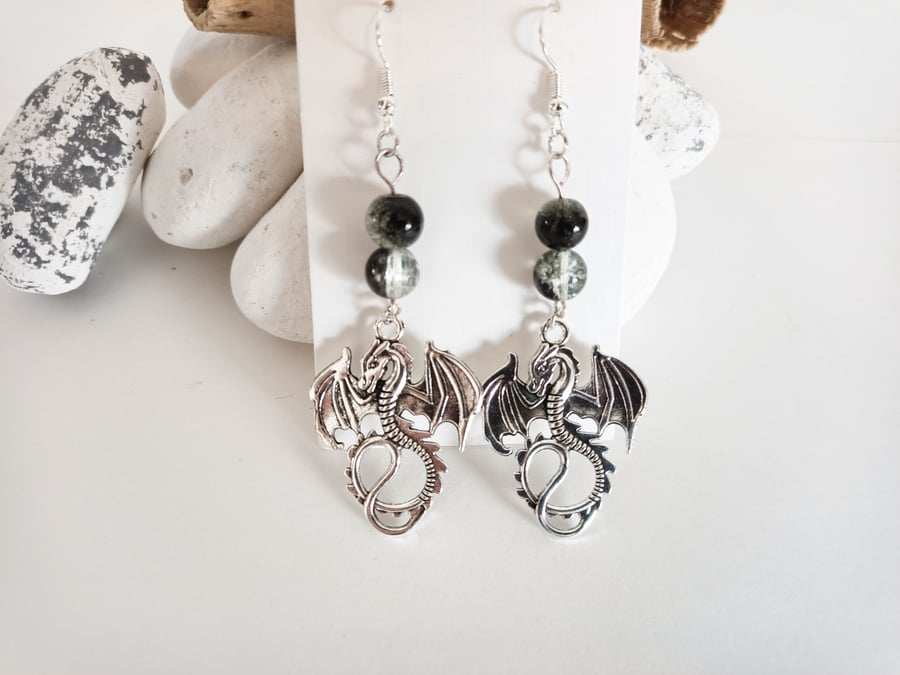 Silver Dragon and Black and Clear Crackle Bead Earrings