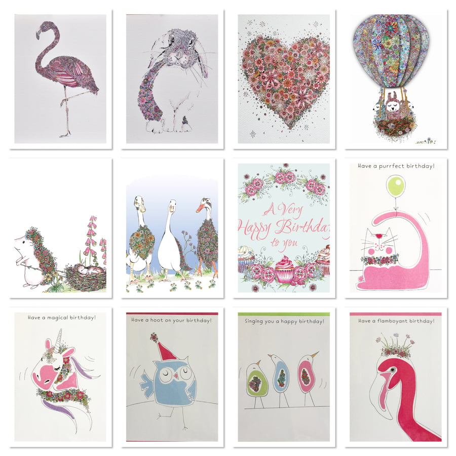 Pretty in pink mixed pack of 12 Greeting cards 