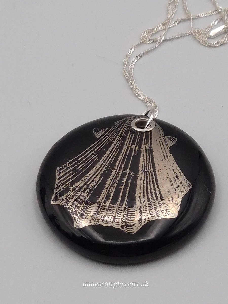 Large Scallop Seashell Fused Glass Pendant with Real Platinum Lustre Motif