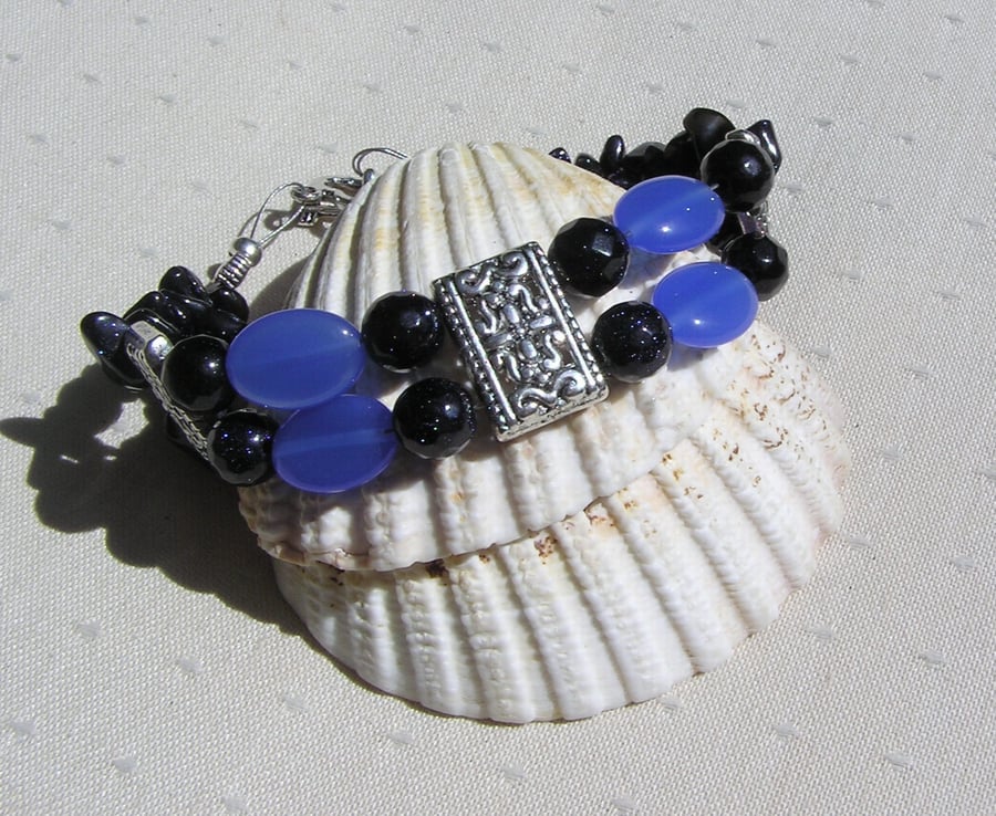 Blue Goldstone & Blue Jade Gemstone Chakra Beaded Bracelet
