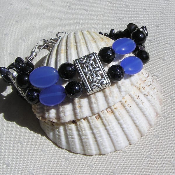 Blue Goldstone & Blue Jade Gemstone Chakra Beaded Bracelet