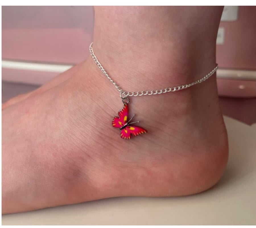 Silvertone curb chain butterfly anklet red pendant charm 