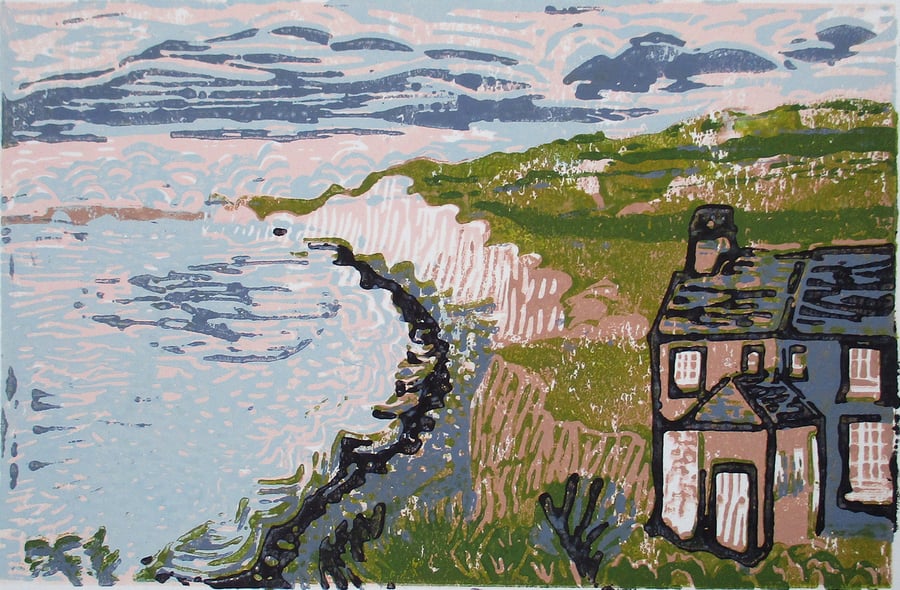 Birling Gap, East Sussex  - Original Hand Pressed Linocut Print Ltd Edition