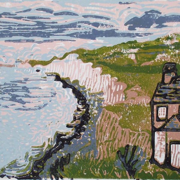 Birling Gap, East Sussex  - Original Hand Pressed Linocut Print Ltd Edition