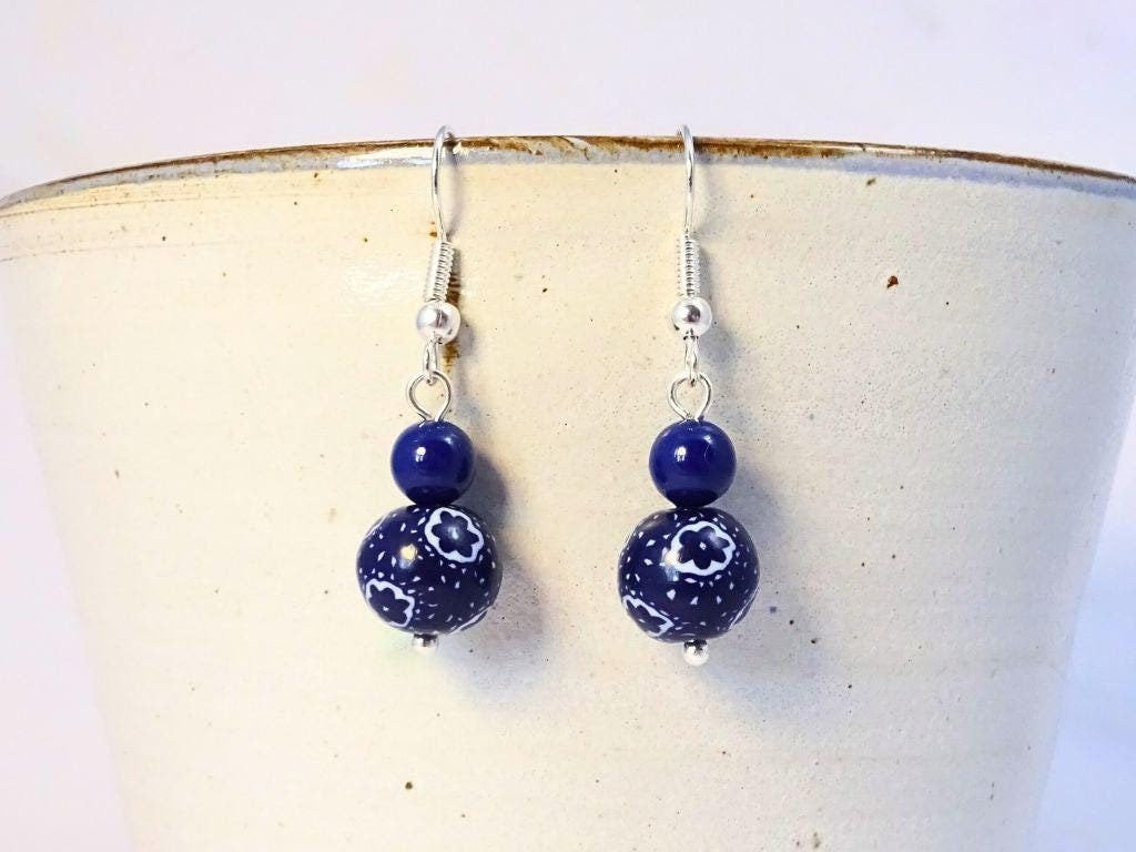Dark Blue and White Beaded Earrings, Navy Floral Drop Earrings