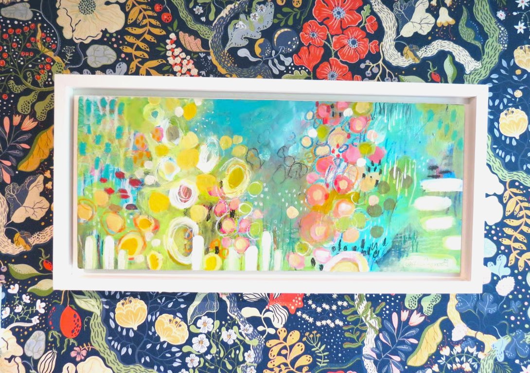 Neighbours Hollyhocks - Original Abstract Floral Painting in Peach and Lemons