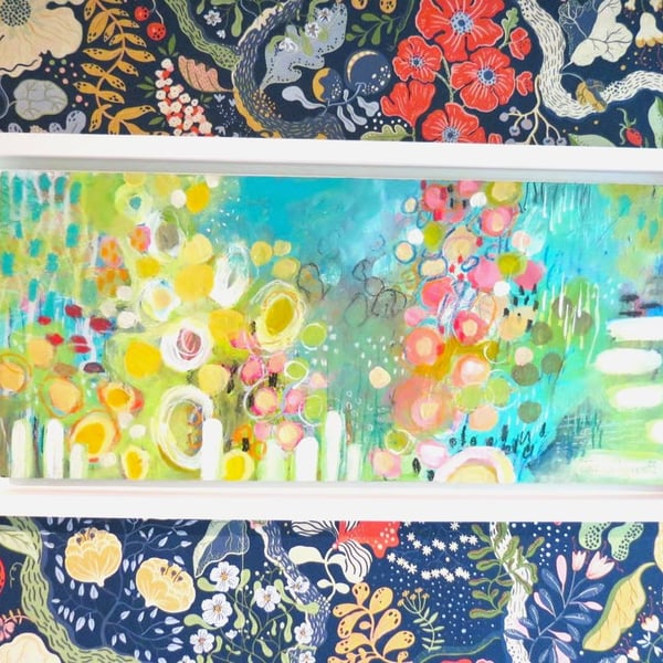 Neighbours Hollyhocks - Original Abstract Floral Painting in Peach and Lemons