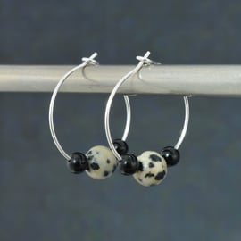 Boho Dalmatian Jasper, Black Onyx Gemstone & 20mm Sterling Silver Hoop Earrings