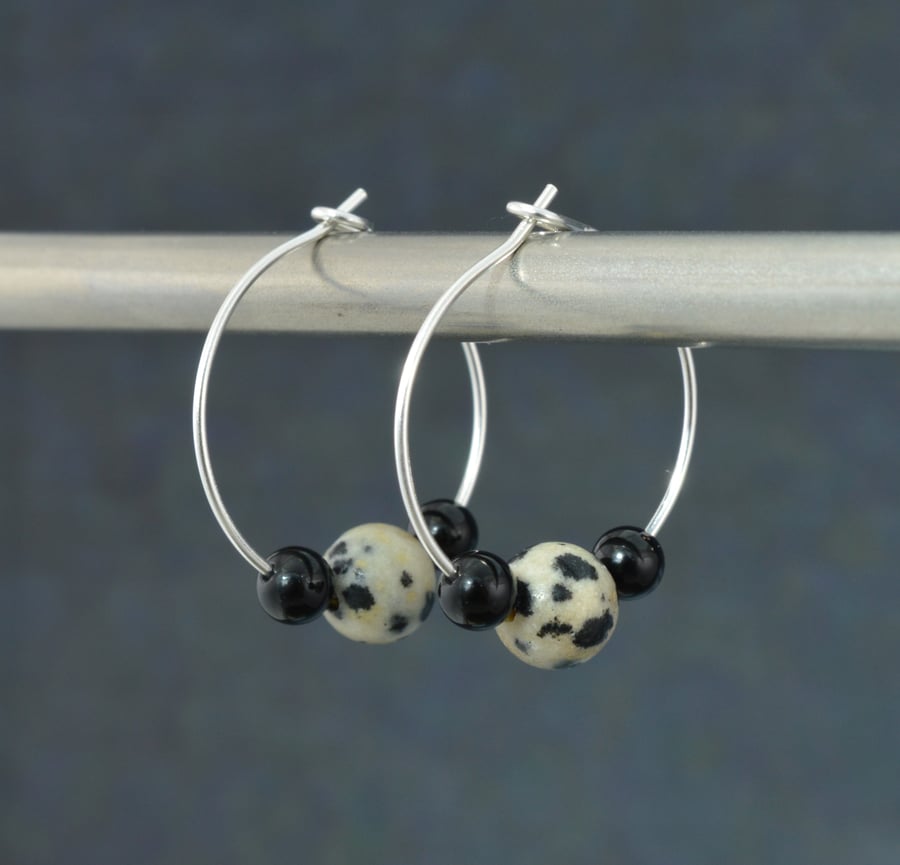 Boho Dalmatian Jasper, Black Onyx Gemstone & 20mm Sterling Silver Hoop Earrings