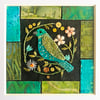 Textile picture of bird and flowers, hand embroidered art, hand sewn