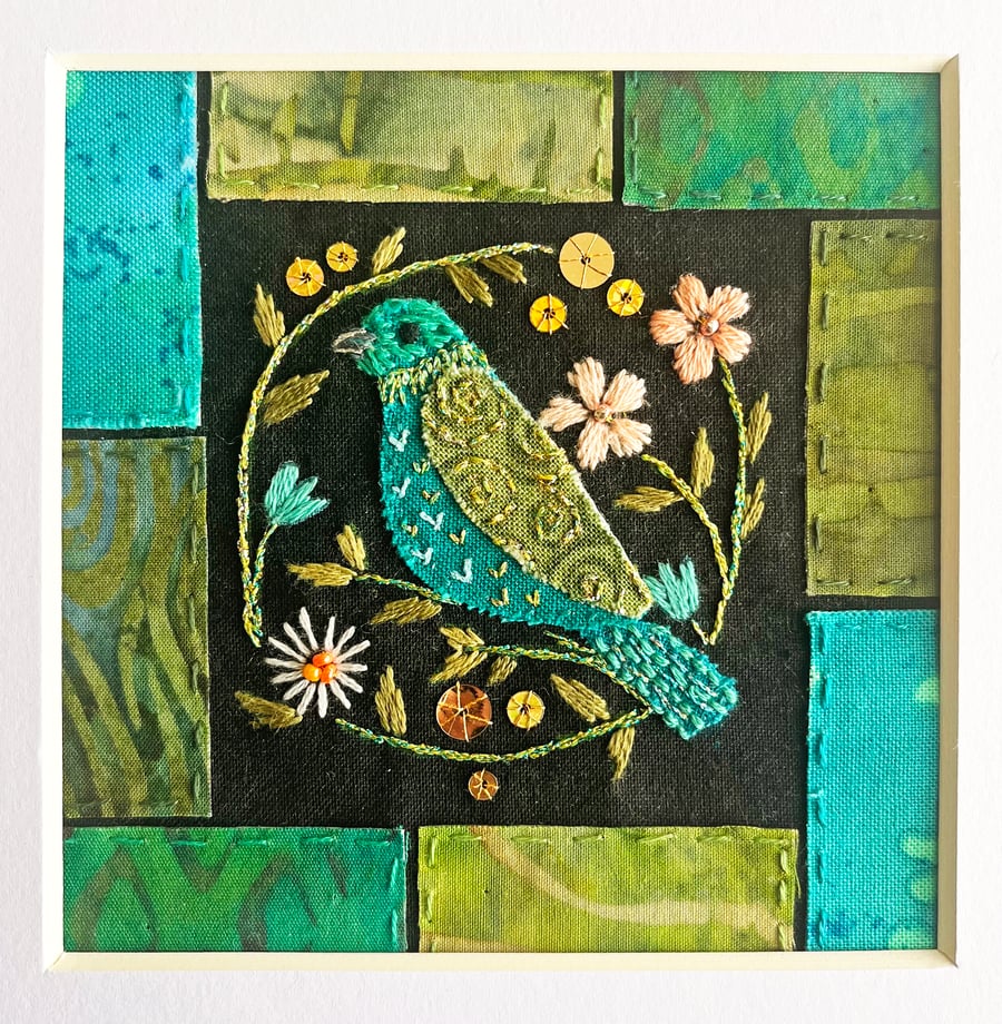 Textile picture of bird and flowers, hand embroidered art, hand sewn