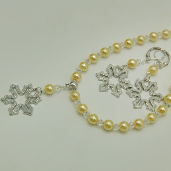 Enamel Snowflake on A Champagne Pearl and Crystal Necklace and Earrings Set