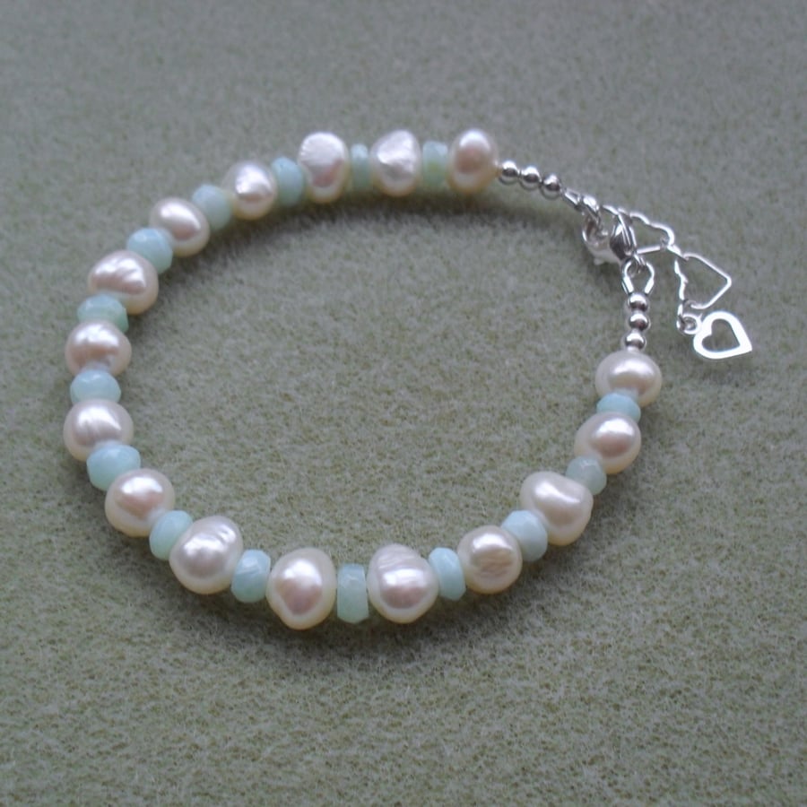 Blue Opal and Freshwater Pearls Sterling Silver Bracelet