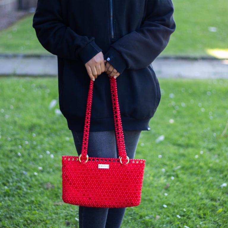 Red Beaded Boho Tote Bag