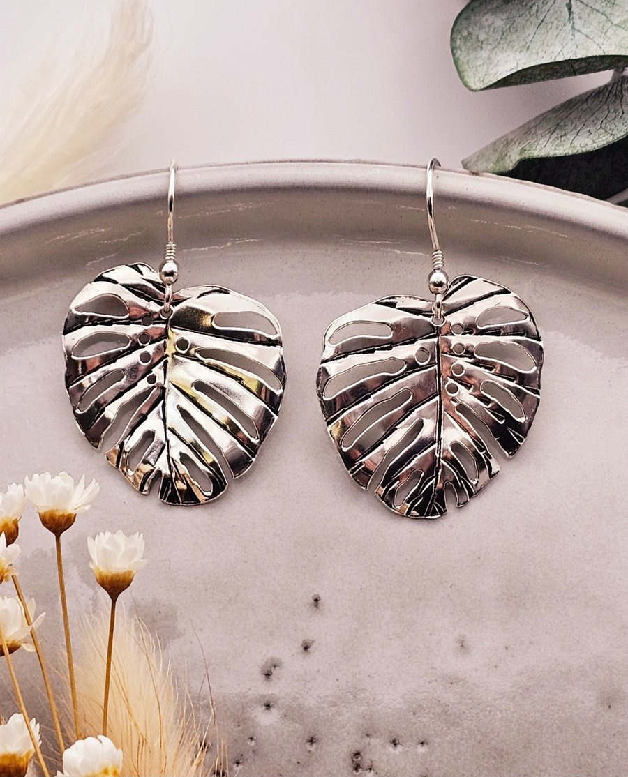 Sterling silver large monstera leaf, Swiss cheese plant drop
