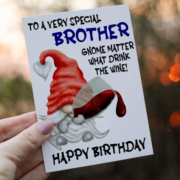 Special Brother Drink The Wine Gnome Birthday Card, Gonk Birthday Card