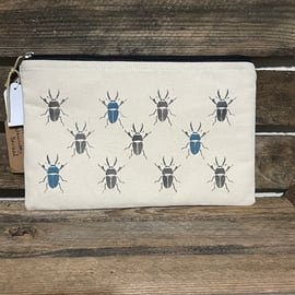 Eco Beetle Hand Printed Zip Bag - Make Up, Gadget, Cosmetic, Pencil case